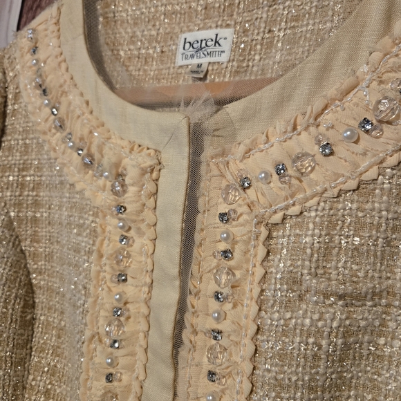 Berek Tan Tweed Lined Blazer with Ruffled Jeweled Trim Womens Medium - Picture 2 of 8
